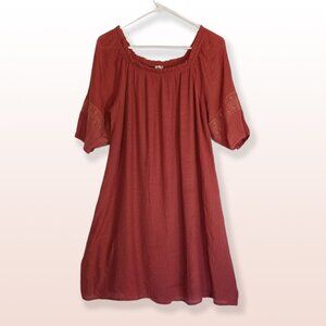 Naif Gauzzy Burnt Orange Knee Length Dress Half Sleeves Lace Trim, Lined. Size M